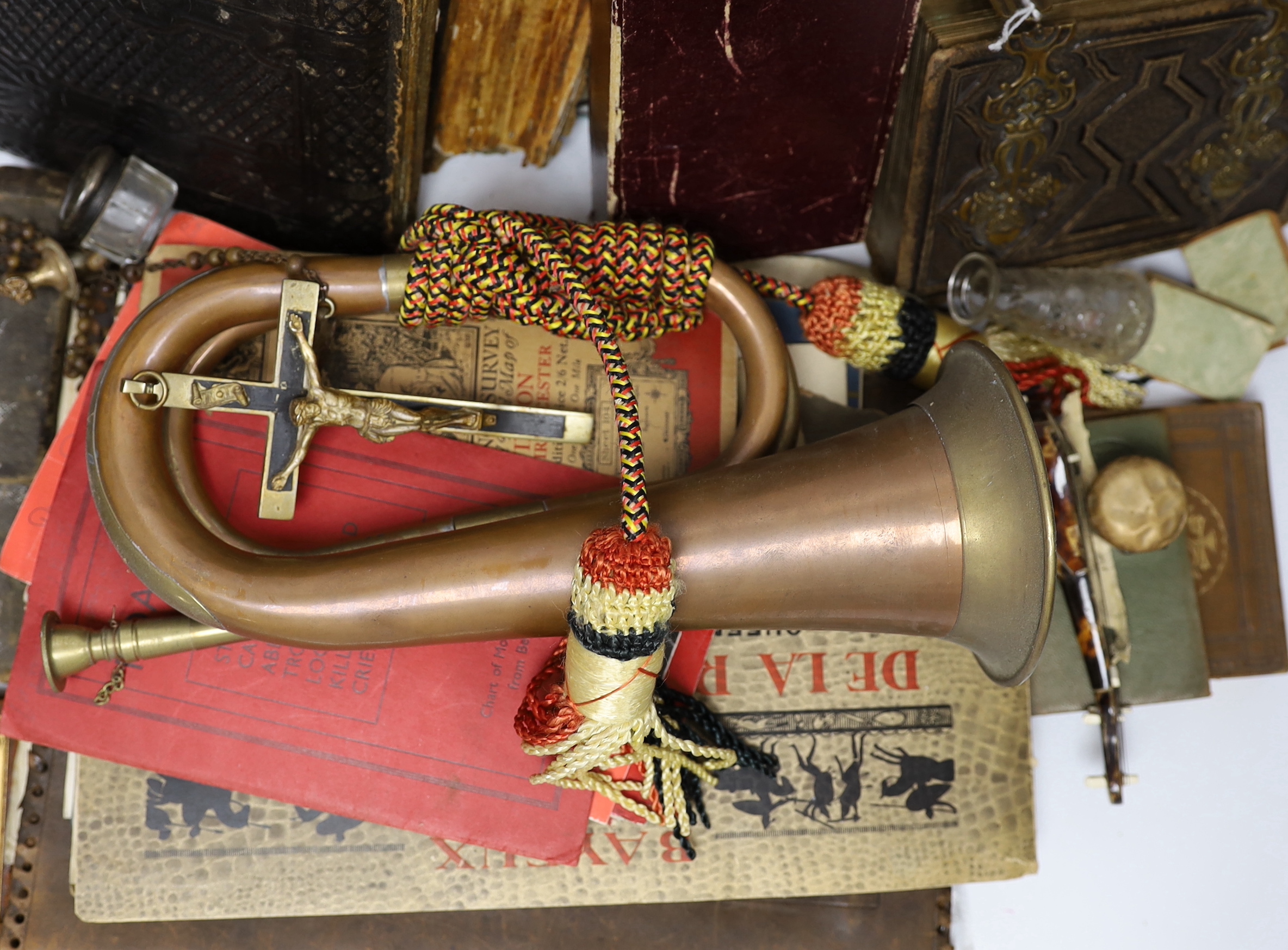 Sundry items including ephemera, empty Victorian photograph albums, bugle, miniature books, rosary and silver lidded glass pot